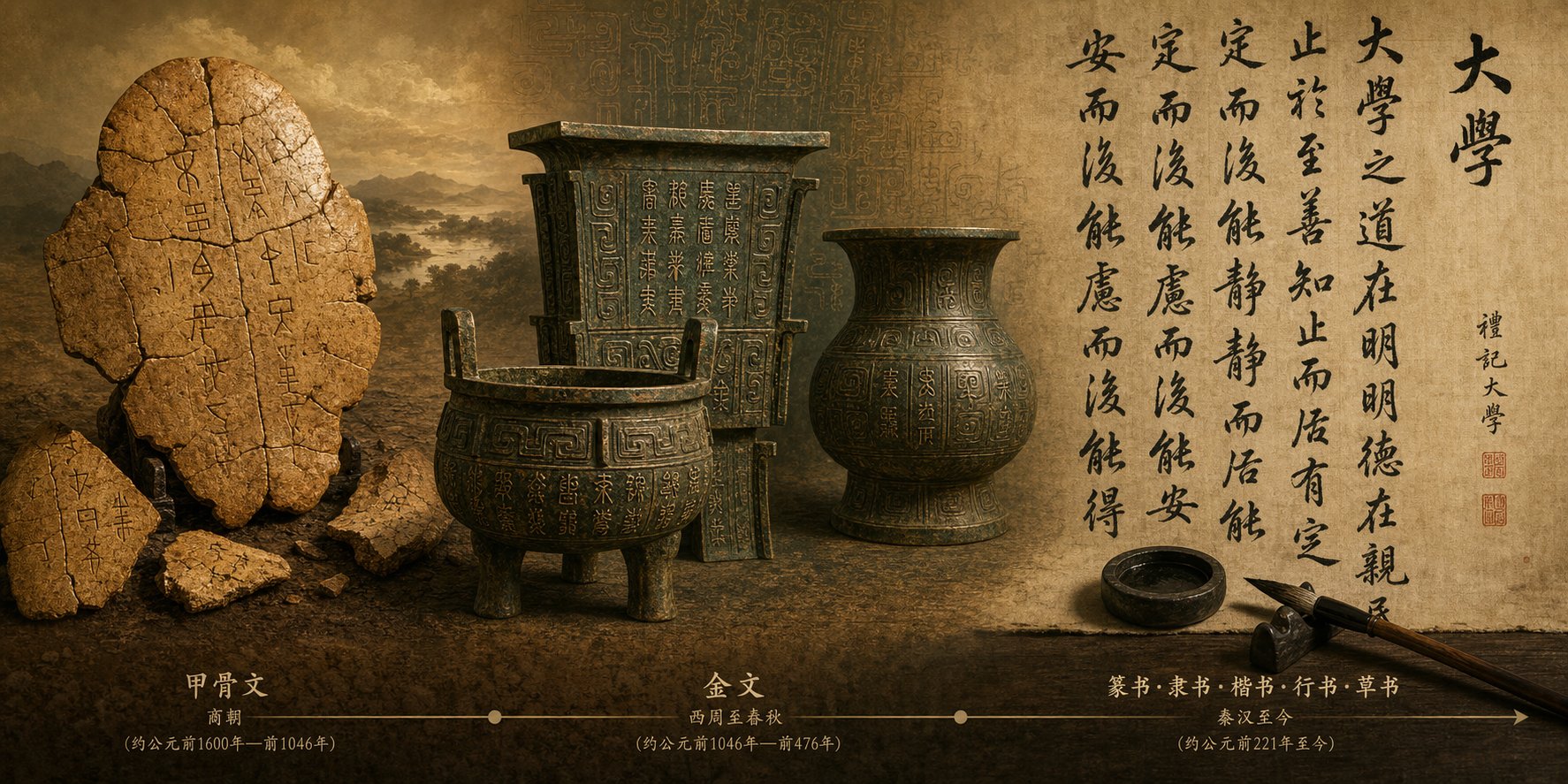 chinese characters evolved from pictographic oracle bone carvings through bronze script to the abstract brush written forms used today