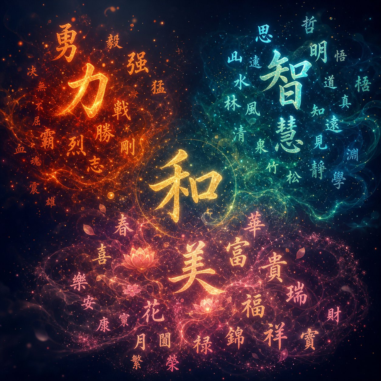 chinese name characters grouped by thematic meaning strength wisdom and beauty categories