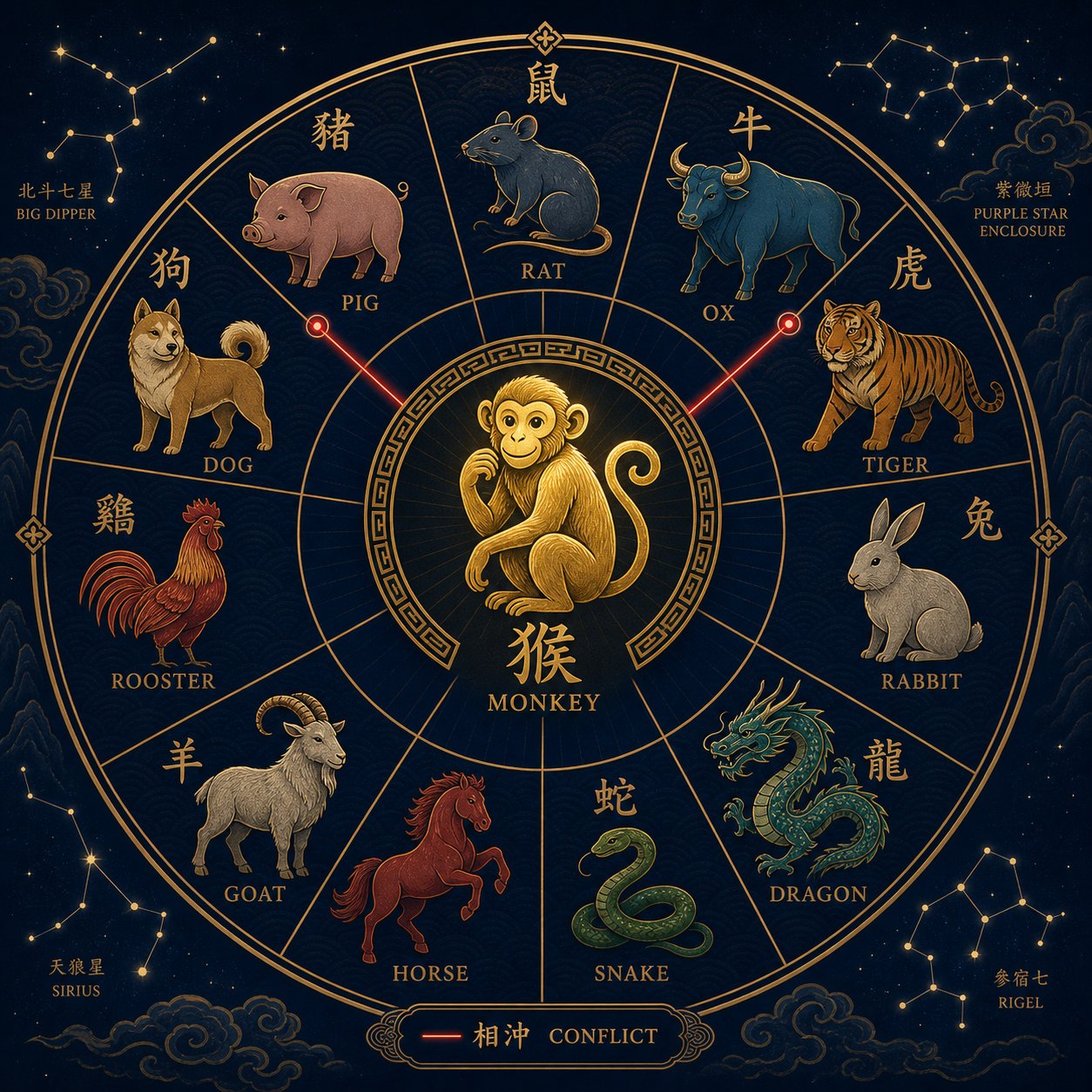 chinese zodiac wheel highlighting the monkey's conflict relationships with the tiger and pig signs that inform which characters to avoid