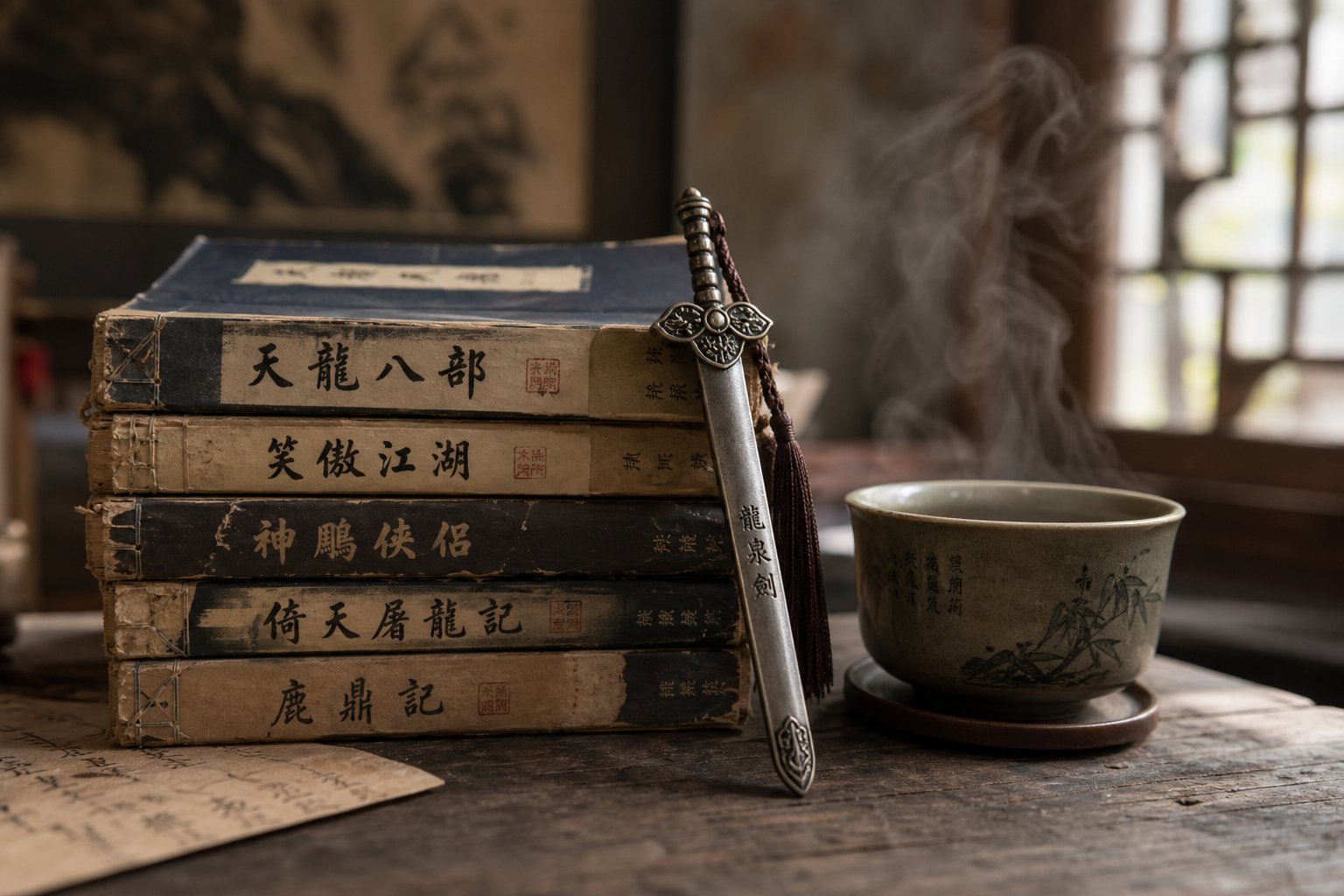 classic martial arts novels and tea on a wooden desk evoking the distinctive naming styles developed by master wuxia authors like jin yong and gu long