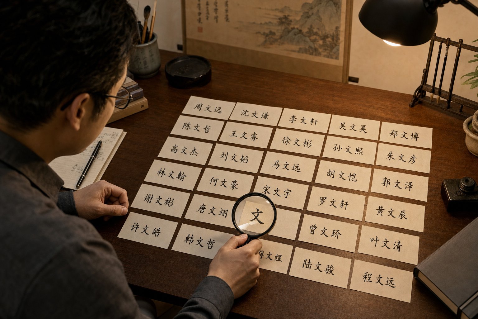 comparing family names side by side to identify the shared generation character