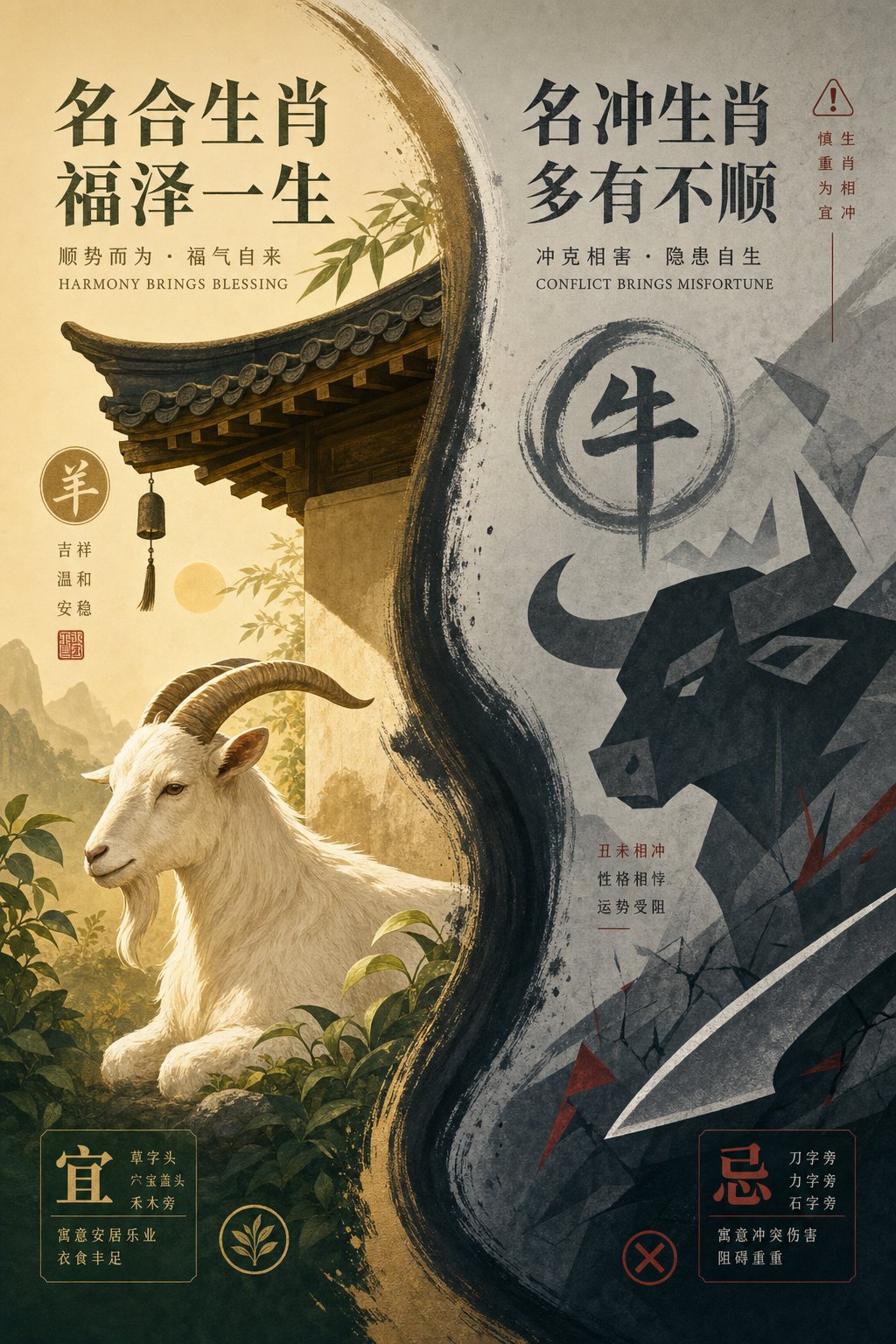 contrasting favorable shelter radicals with conflicting symbols that goat zodiac names should avoid