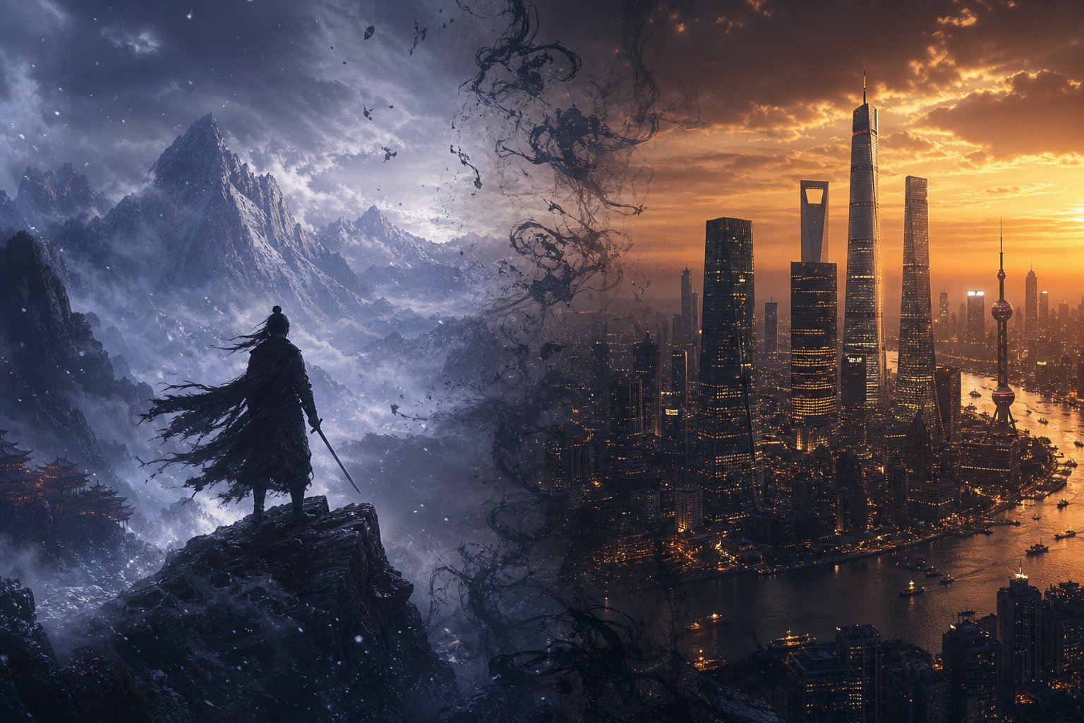contrasting worlds of martial arts mountain peaks and modern cityscapes representing how naming conventions shift dramatically across chinese fiction genres