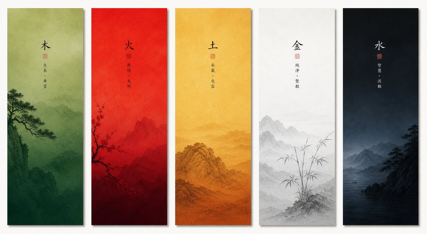 extended color palettes for wood fire earth metal and water elements beyond basic single color associations