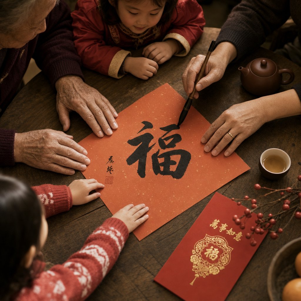 family hands gathered around calligraphy paper symbolizing the communal tradition of choosing a meaningful chinese name