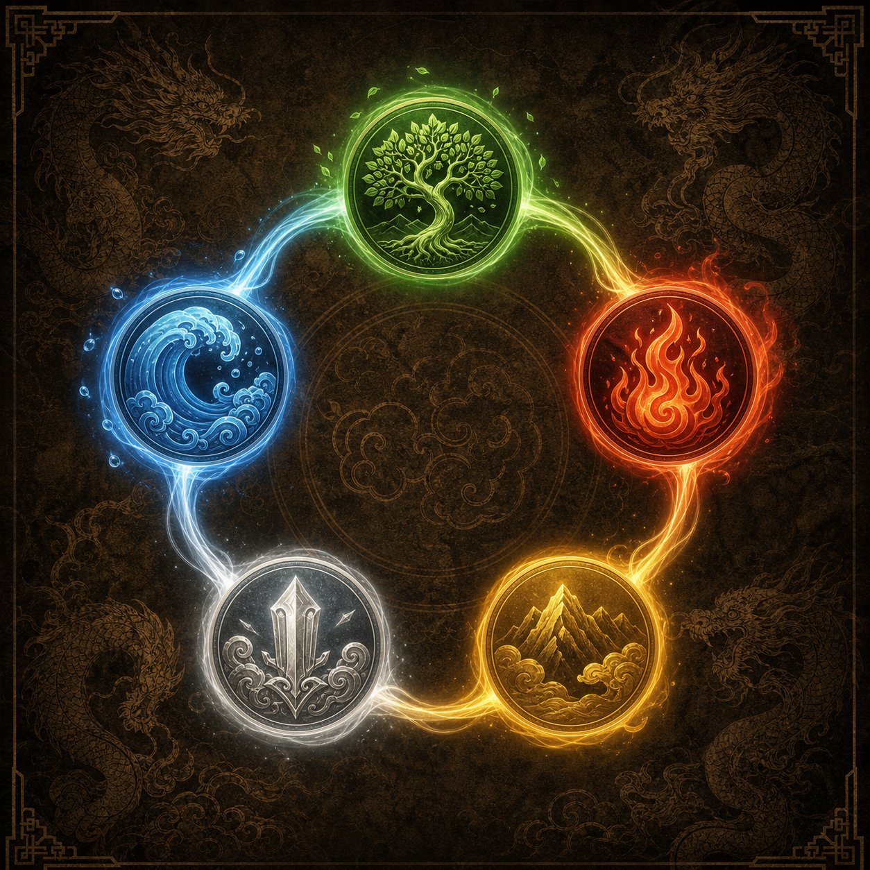 five elements cycle showing wood fire earth metal and water pairings with the dragon zodiac