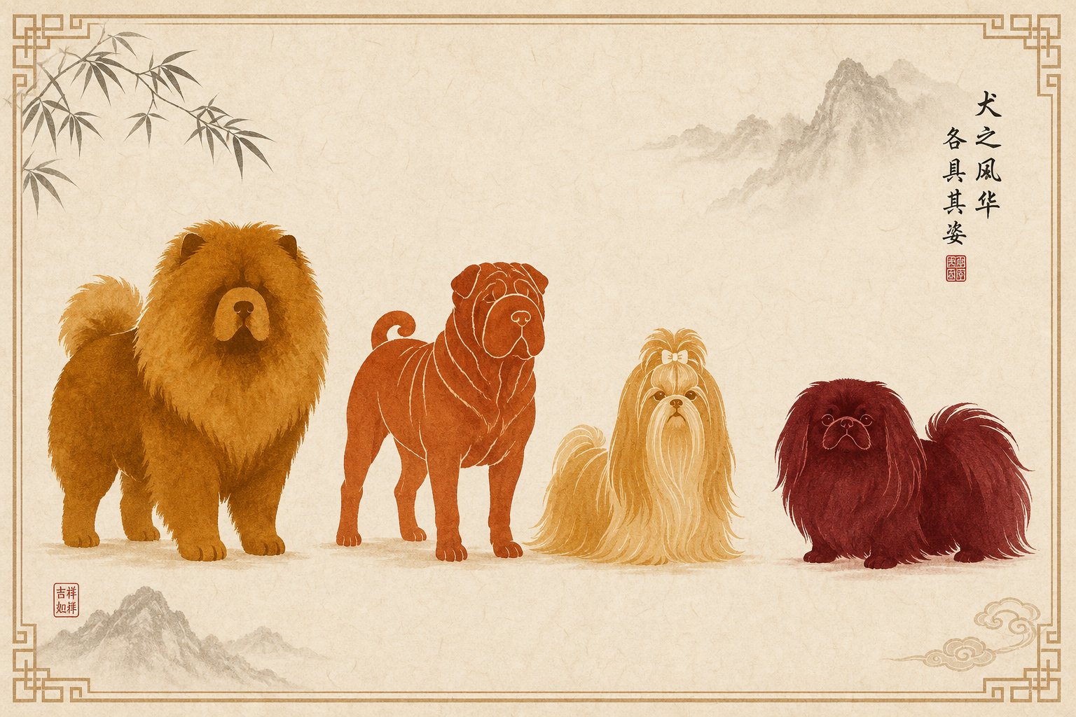 four chinese dog breeds each paired with zodiac radicals matching their unique temperament and personality traits