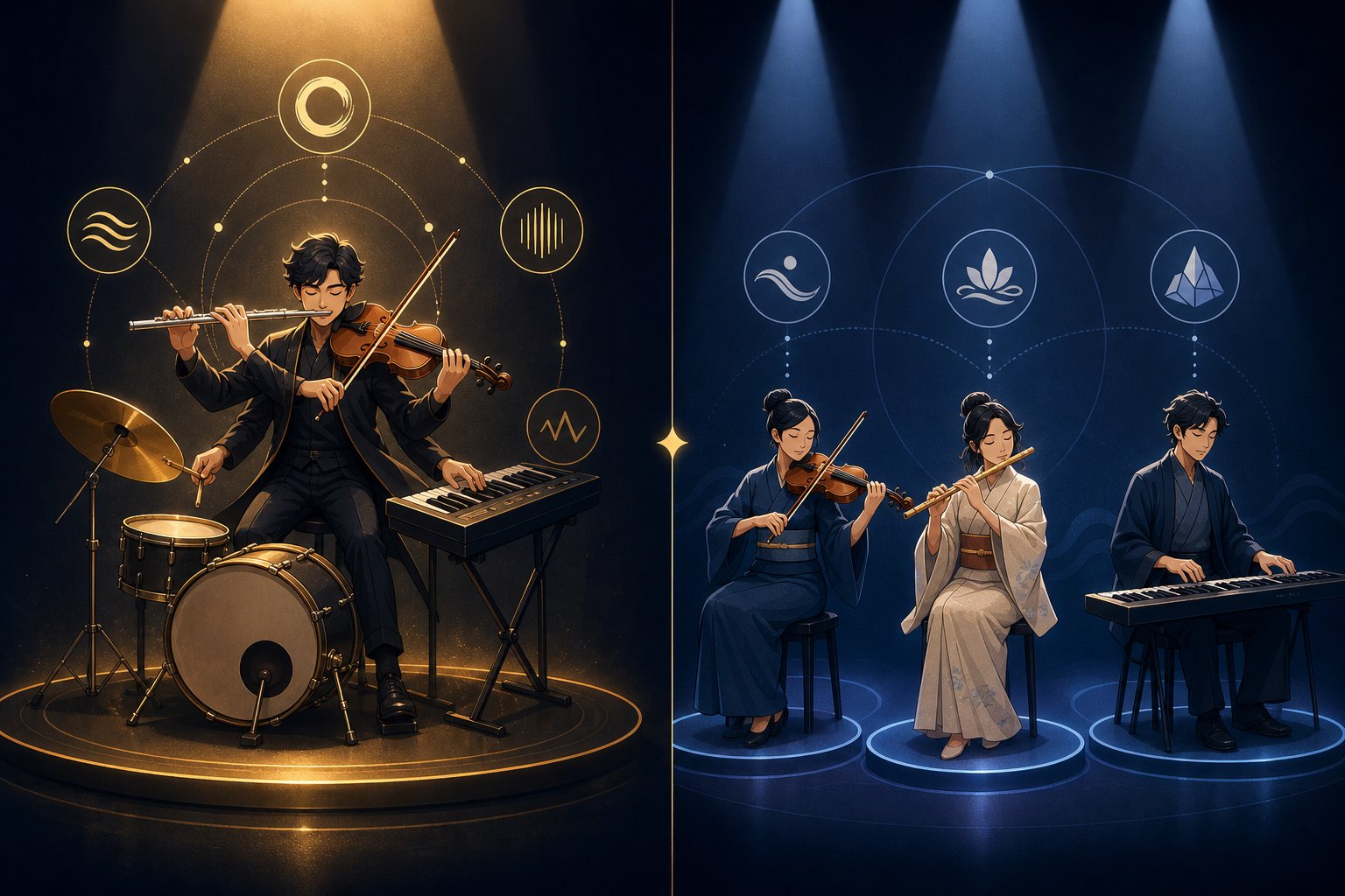 hanzi function as solo performers carrying all linguistic weight while kanji share the stage with hiragana and katakana