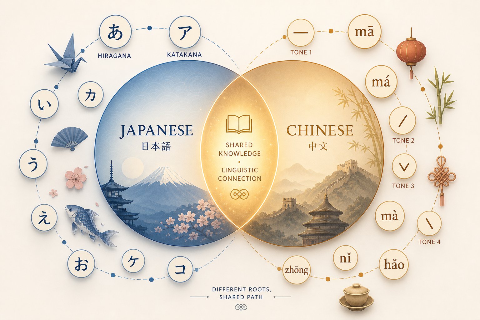 learning one character system provides a meaningful head start on the other with shared radicals and meanings forming common ground