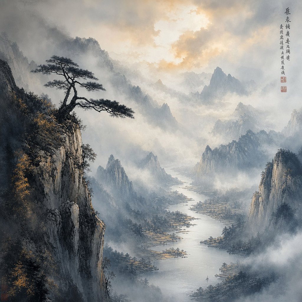 misty mountain landscape embodying the chinese philosophical concept of natural beauty and 意境 (yijing)