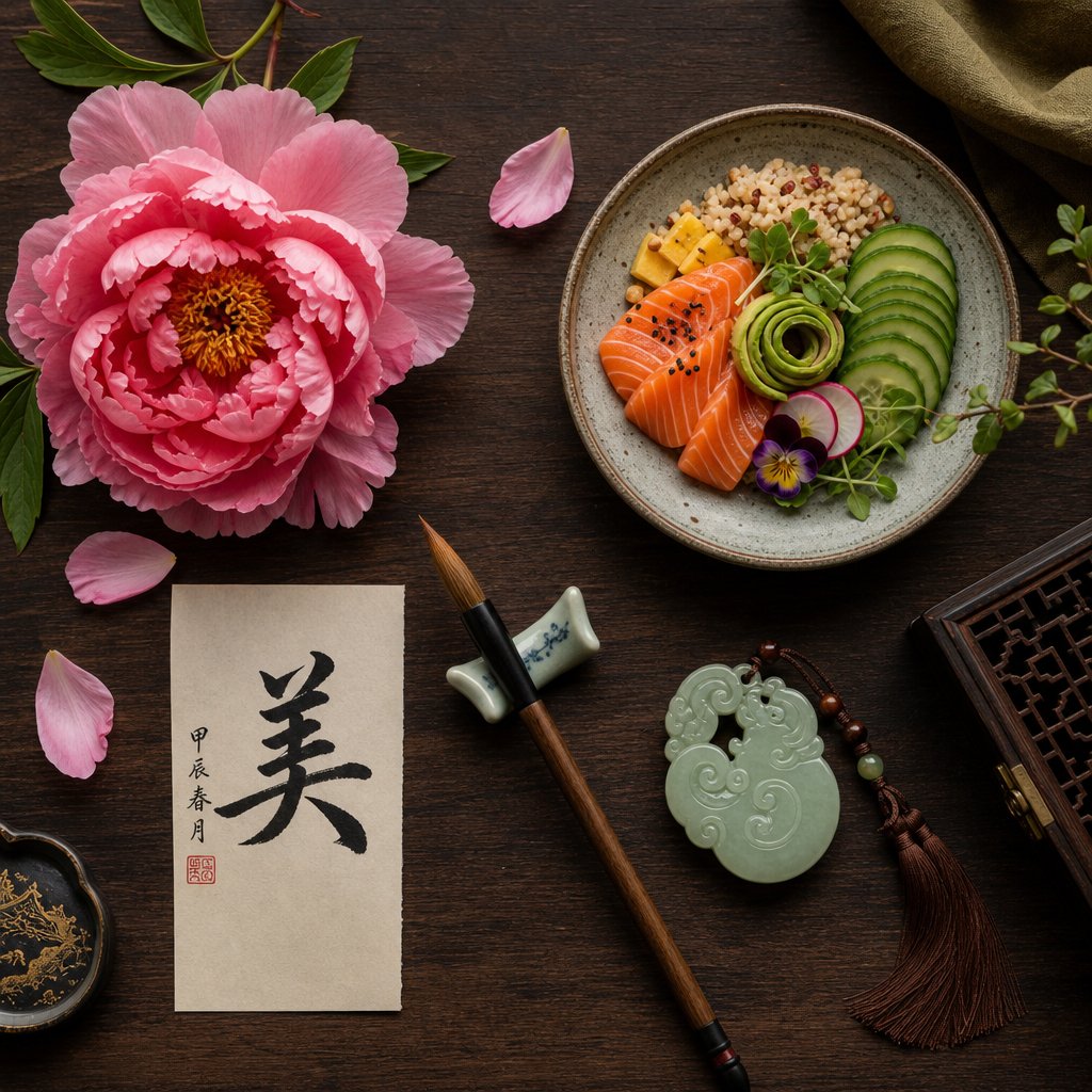 objects representing the wide semantic range of 美 from physical beauty to food and art