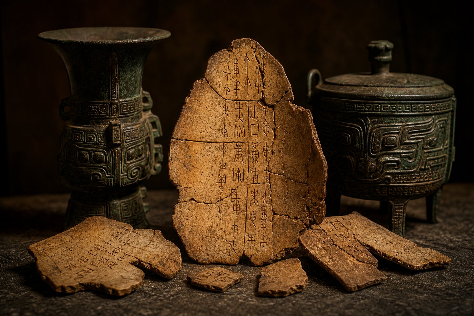 oracle bone fragments and bronze artifacts from ancient china where the earliest forms of chinese characters were first recorded