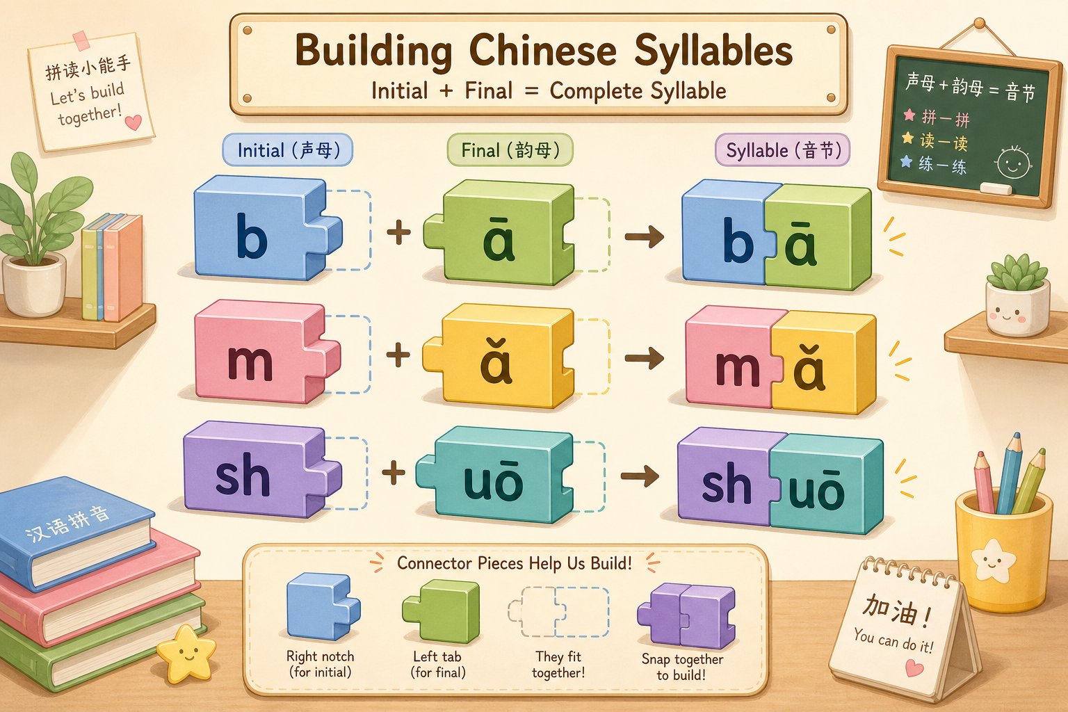 pinyin initials and finals combine like building blocks to form single syllables