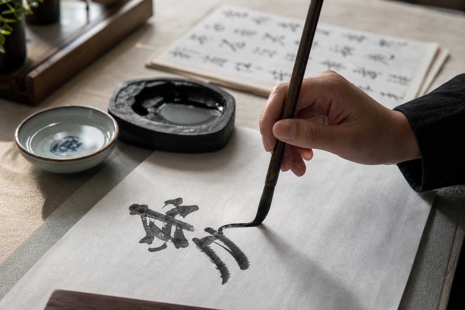 practicing chinese calligraphy brush strokes for writing the love character by hand