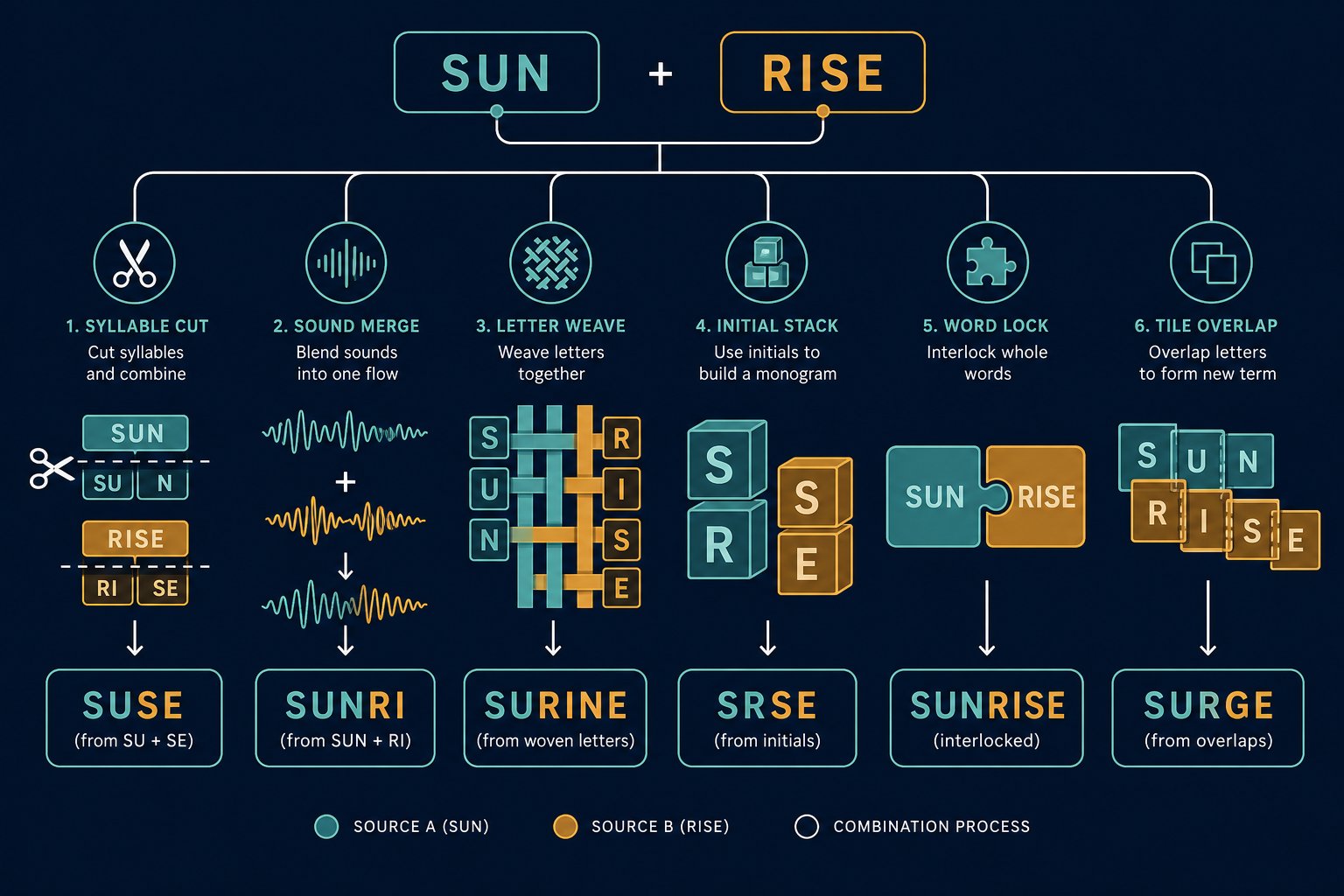 six core name combination techniques each produce different blending results