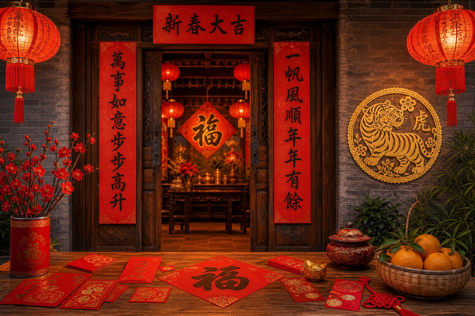 spring couplets and red envelopes featuring lucky tiger characters displayed during lunar new year celebrations