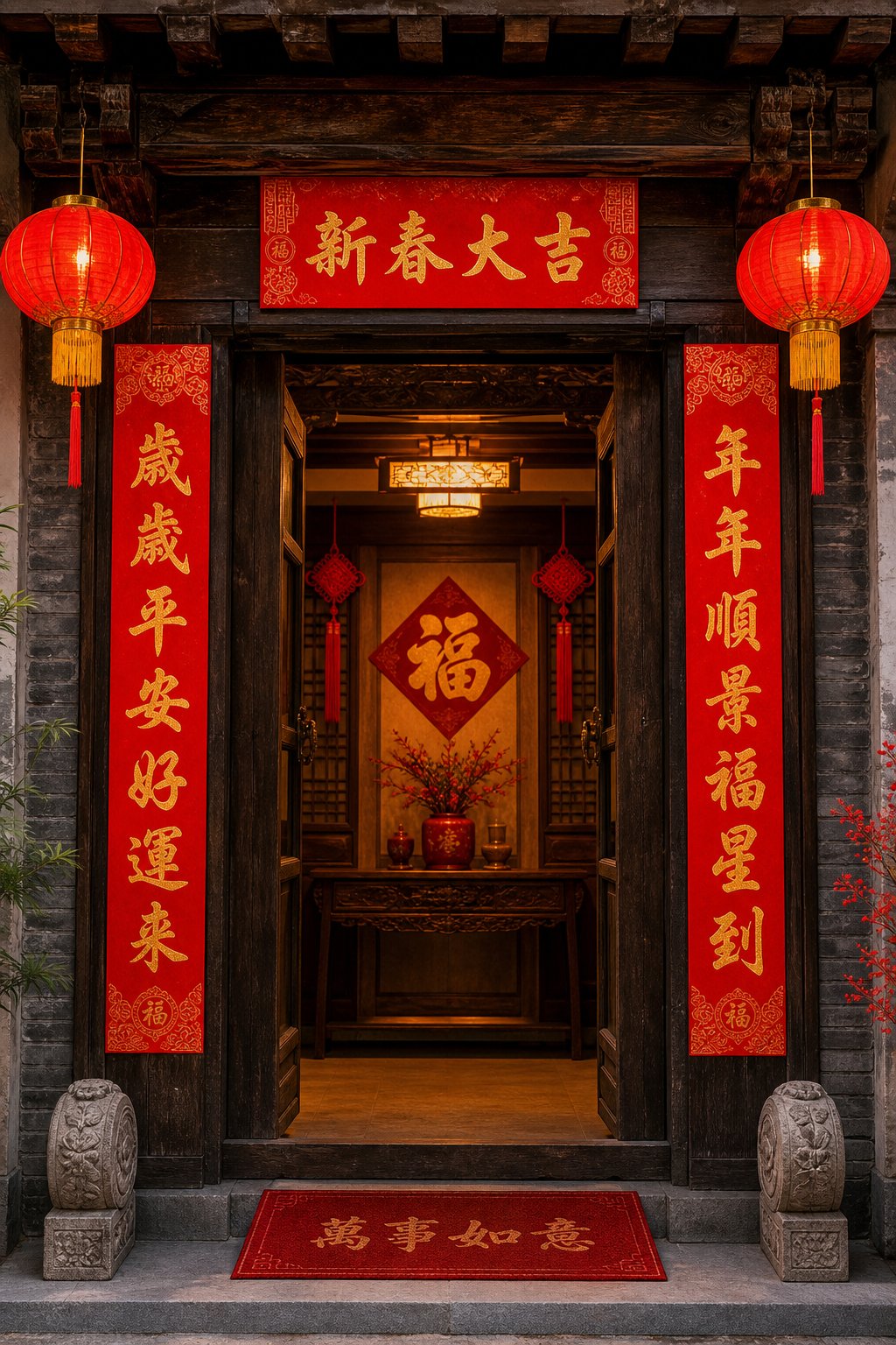 spring festival couplets with dragon year blessings displayed on a traditional chinese doorway