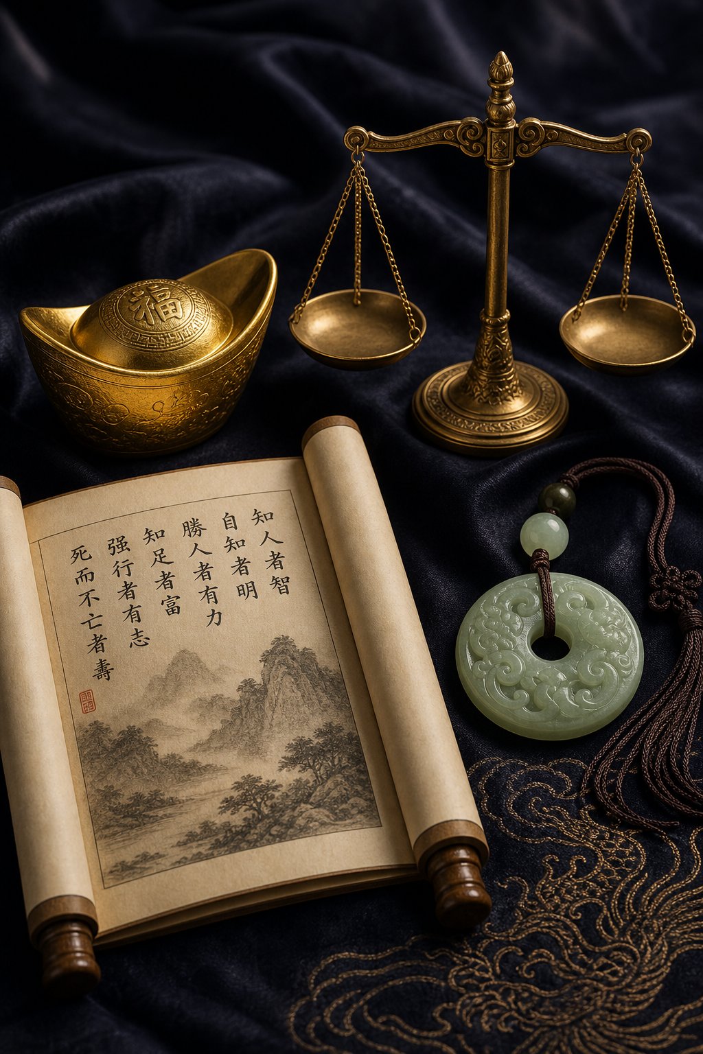 symbolic objects representing the four categories of fortune in chinese naming wealth wisdom health and virtue