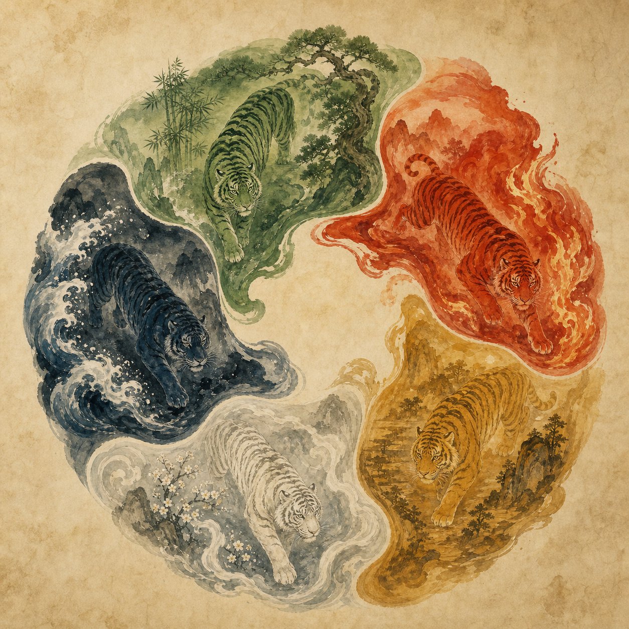the five elements cycle showing how each element shapes lucky character selection for different tiger year types