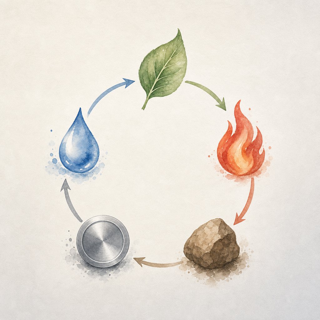 the five elements cycle showing how wood fire earth metal and water generate and support each other