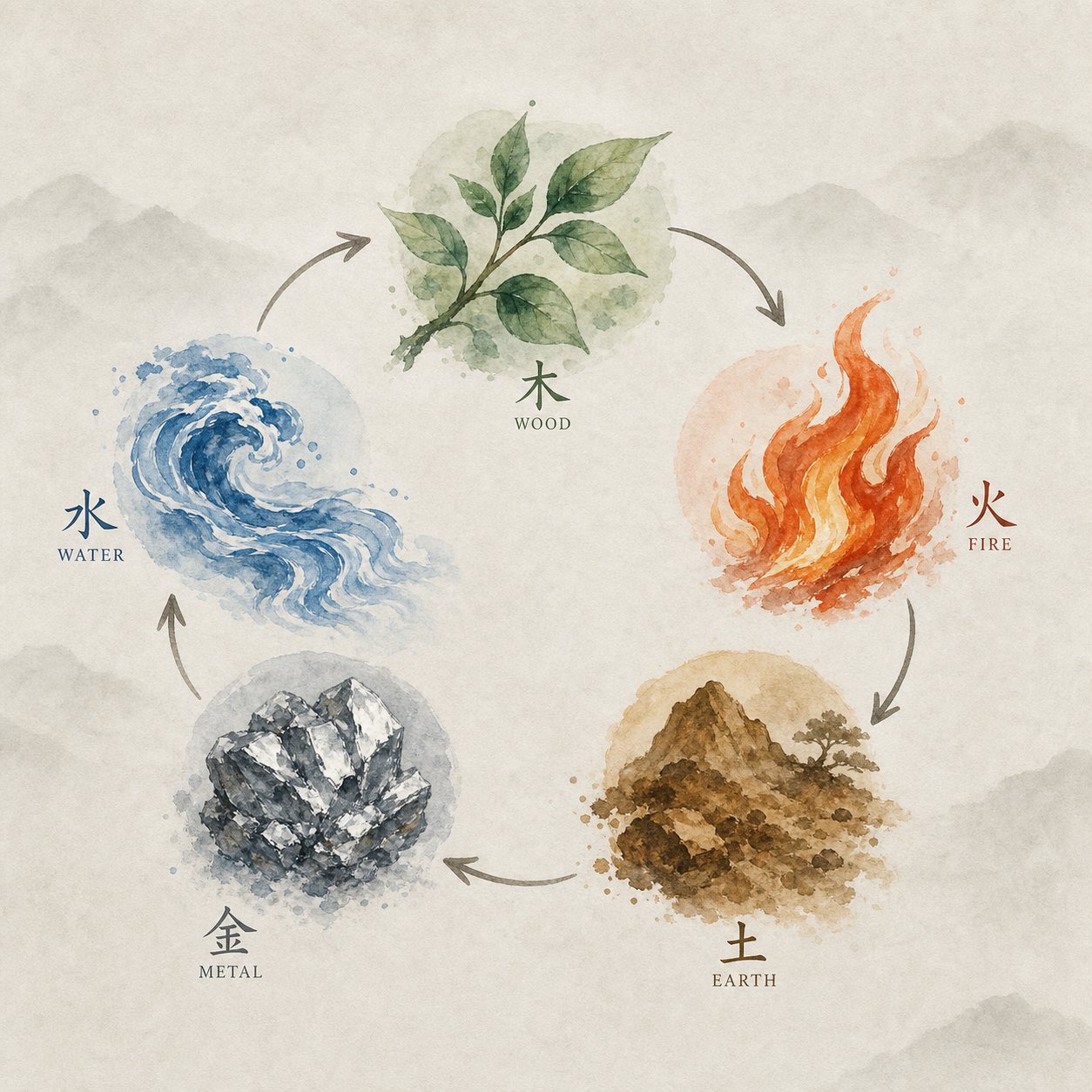 the five elements cycle showing how wood fire earth metal and water generate and support each other