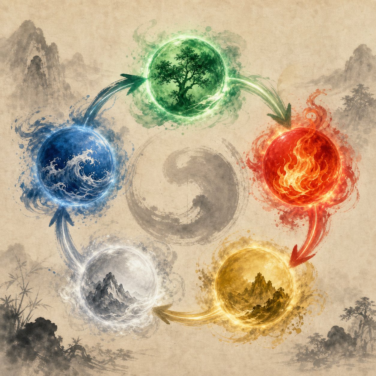 the five elements generative cycle showing how wood fire earth metal and water support each other