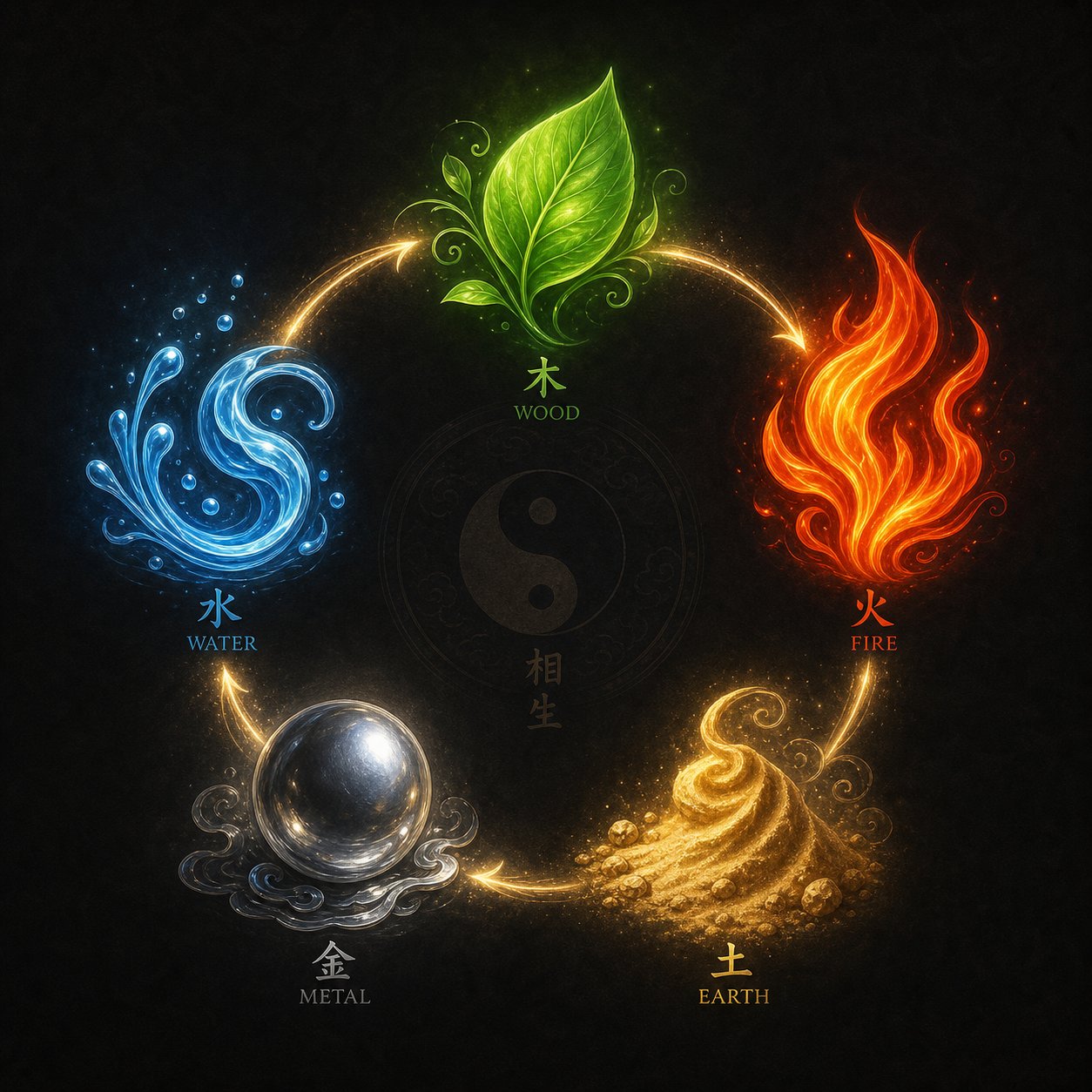the five elements productive cycle determines how adjacent grid positions support or clash with each other