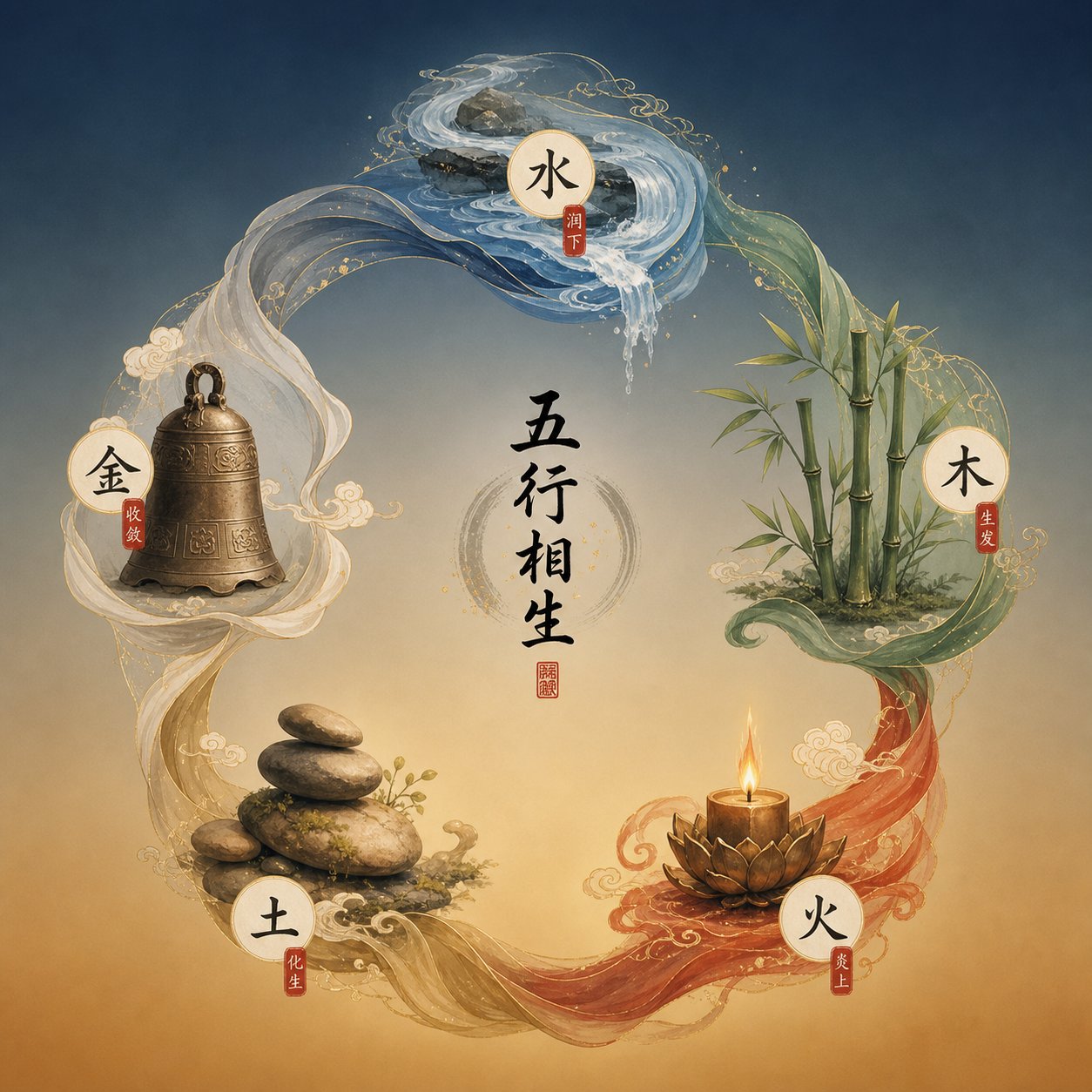 the five elements productive cycle showing how water wood fire earth and metal interact in chinese philosophy