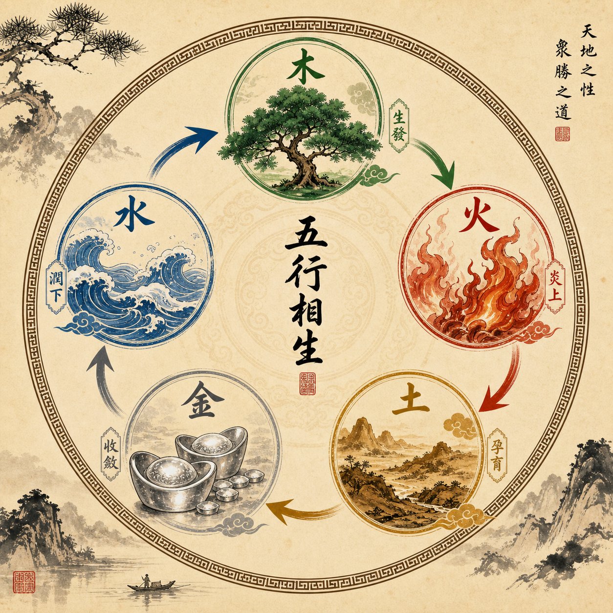 the five elements productive cycle shows how wood fire earth metal and water nurture each other in sequence