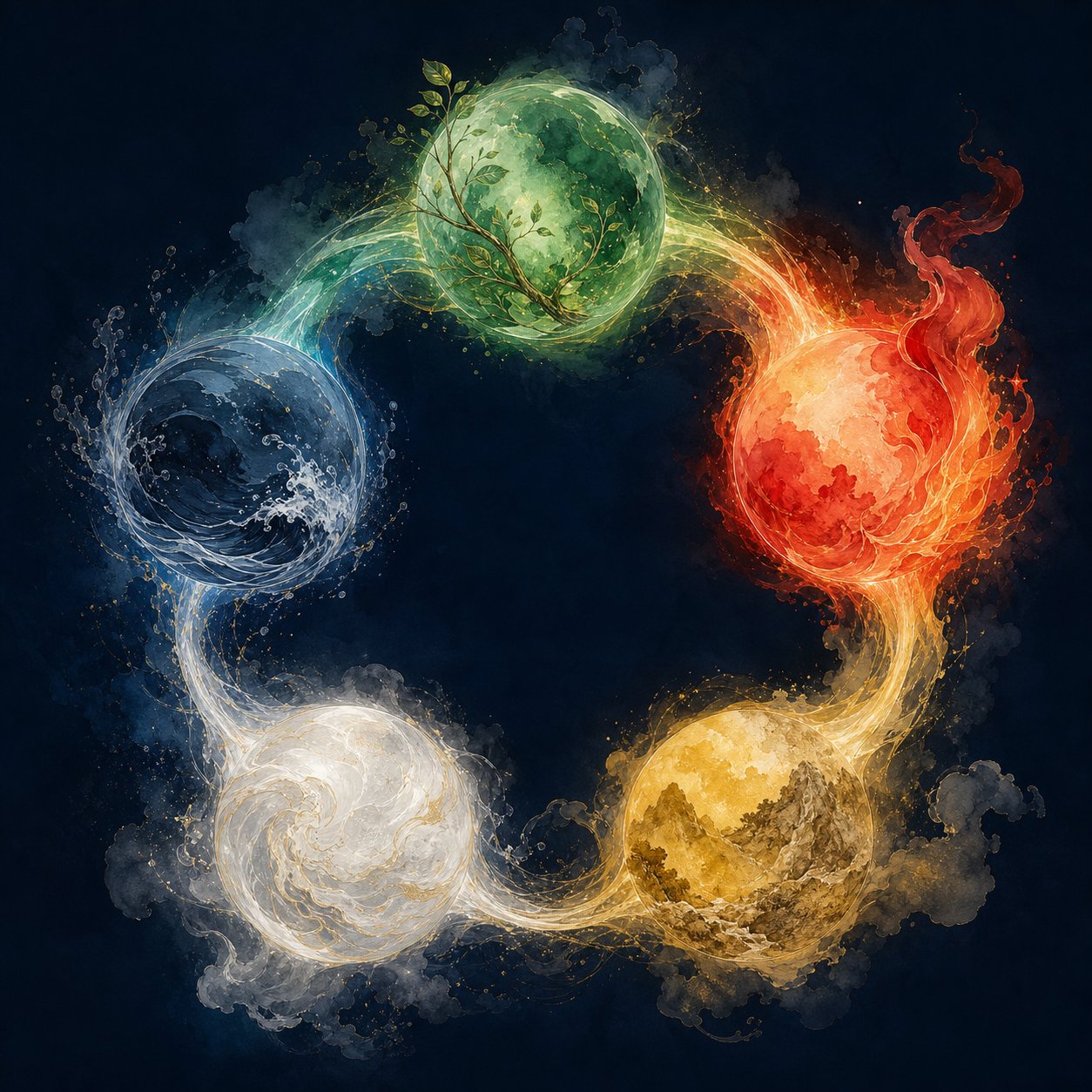 the five elements (wu xing) cycle showing how each phase flows into the next through creation and interaction