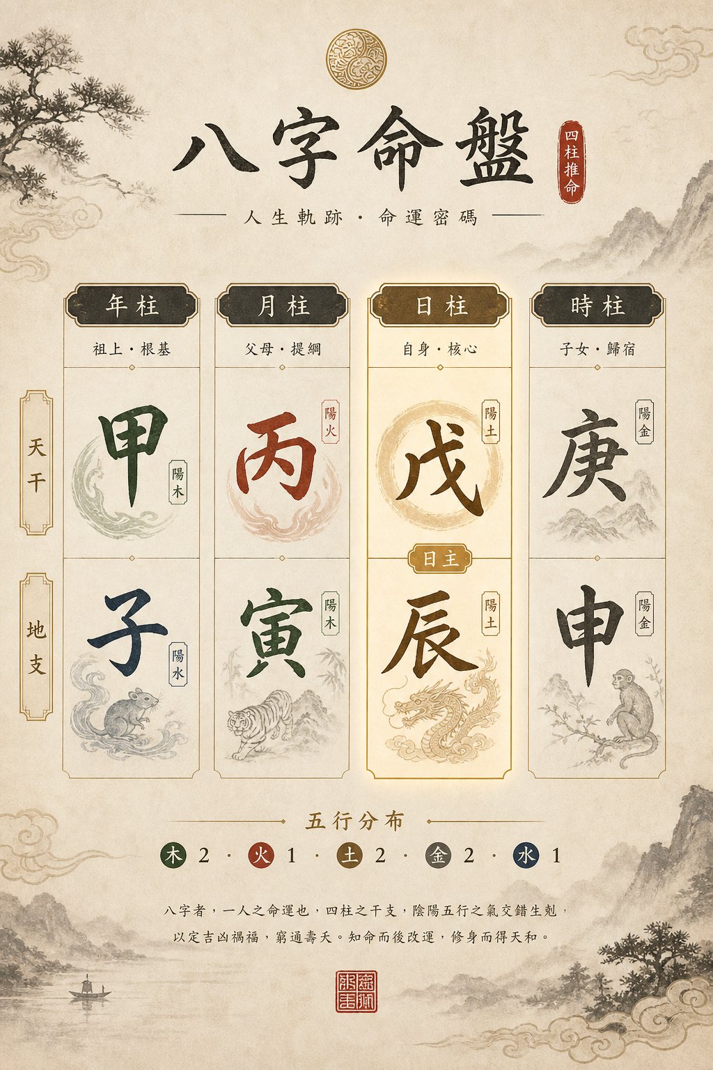 the four pillars of destiny chart with the day master pillar highlighted as the key to personal element identification