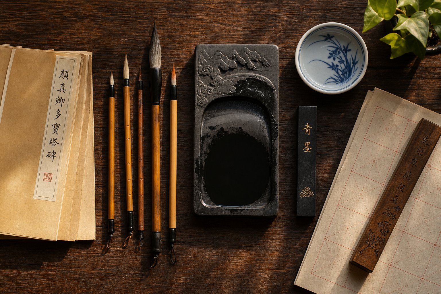 the four treasures of the study arranged for a regular script calligraphy practice session