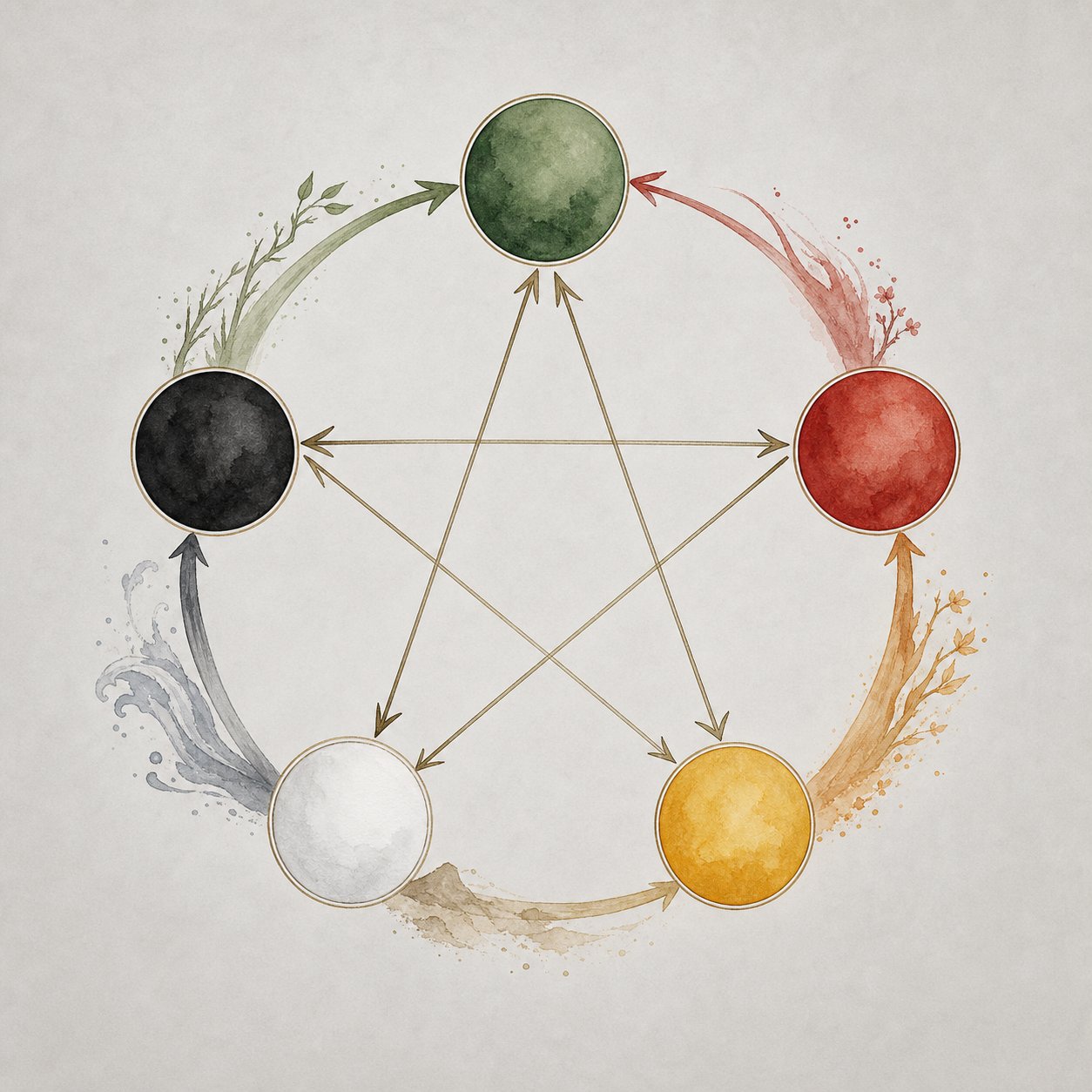 the productive and destructive cycles showing how element colors support or challenge each other