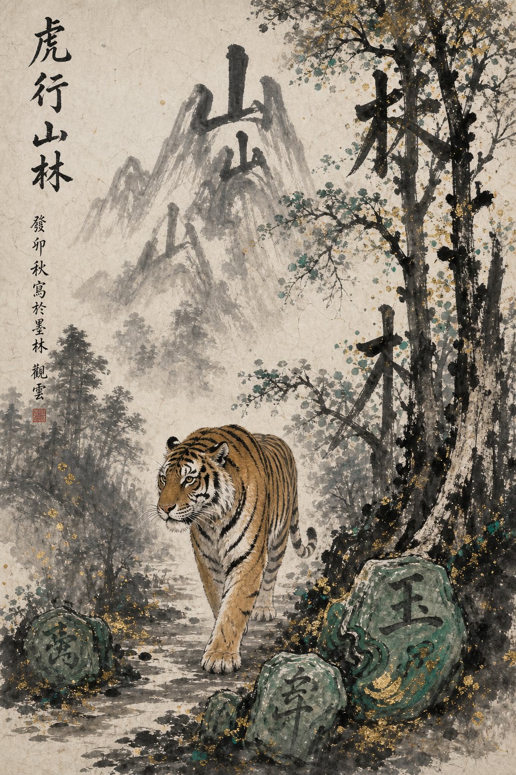 tiger in its natural mountain forest domain representing the auspicious radical categories used in tiger year naming