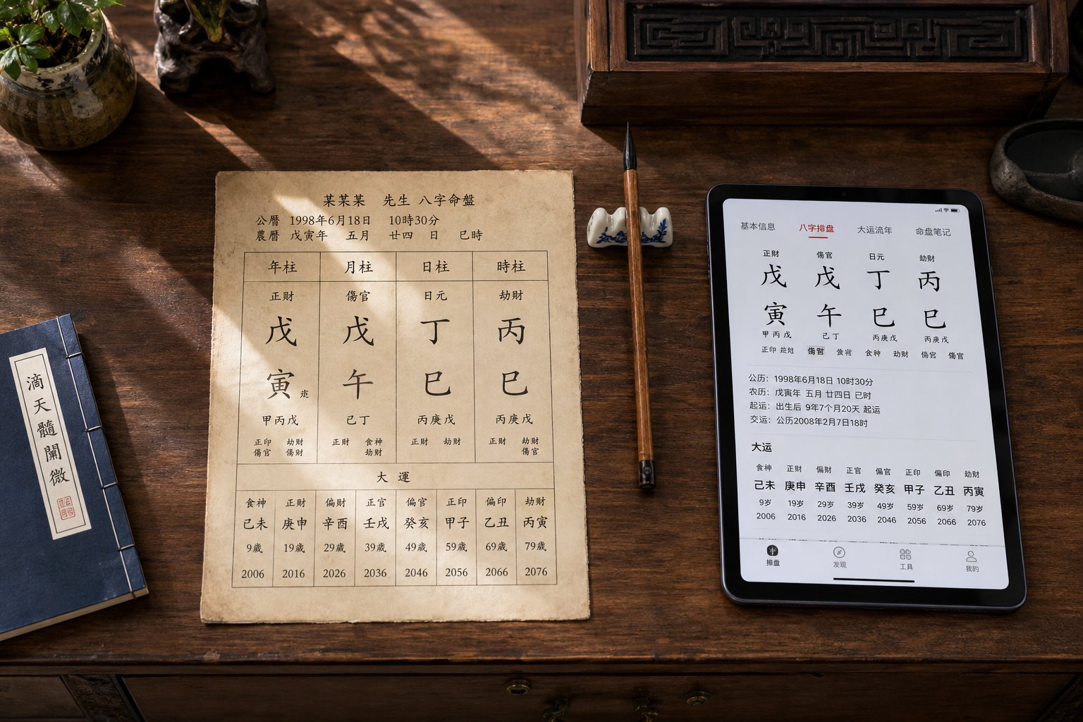 traditional bazi chart alongside modern tools reflecting how naming masters blend ancient principles with contemporary practice