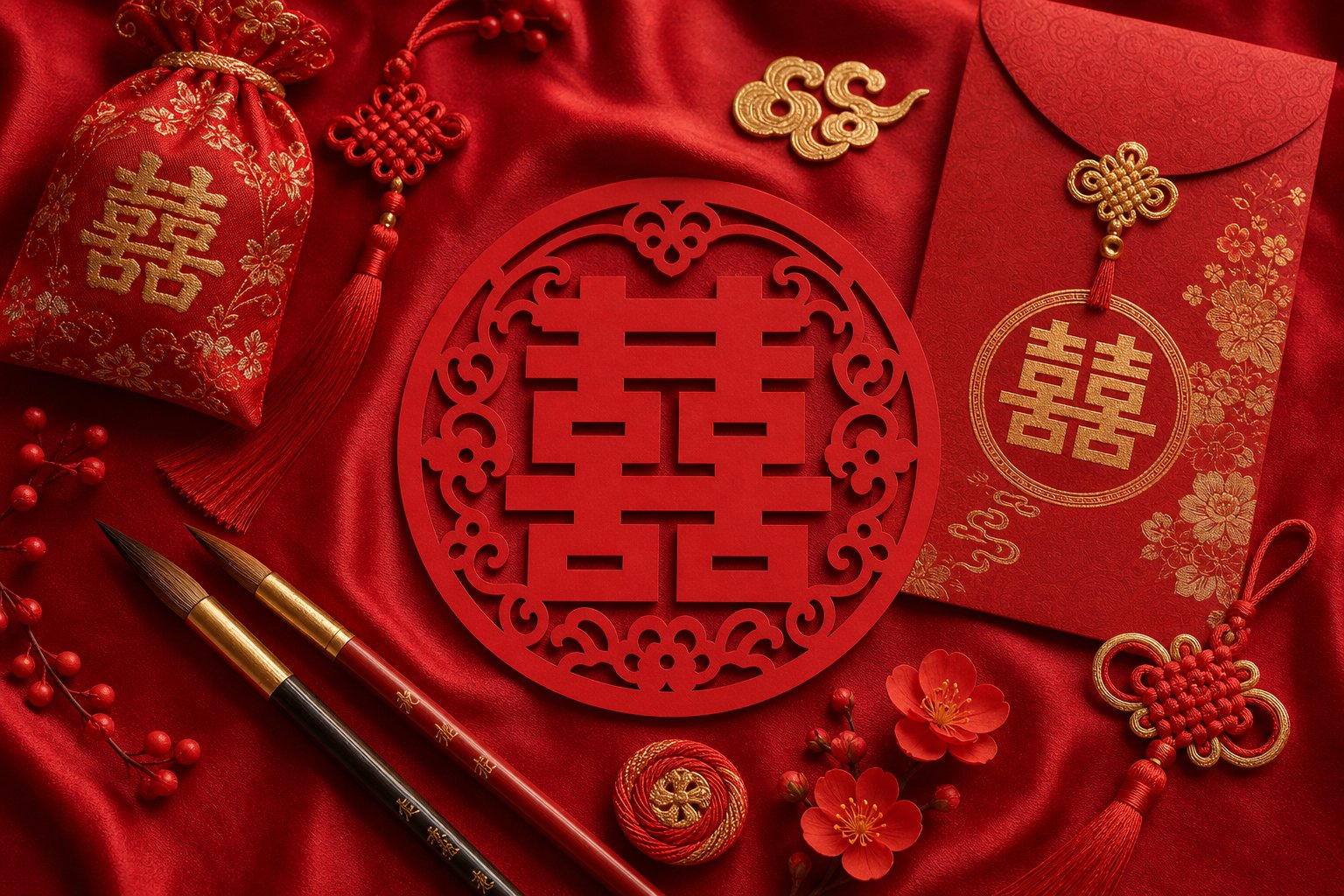 traditional chinese love and wedding symbols used in calligraphy art and celebration decor