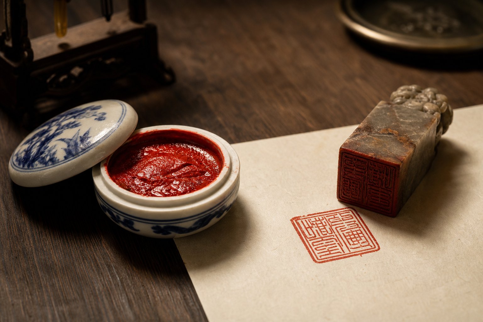 traditional cinnabar seal paste in a ceramic container produces the vivid red impressions seen on chinese artwork
