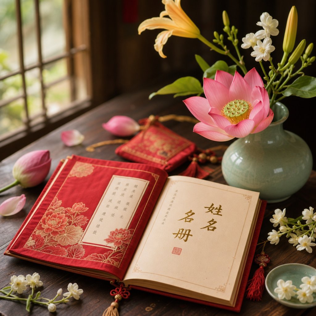traditional naming book with lotus and jasmine flowers representing the nature inspired names chosen for sheep year girls