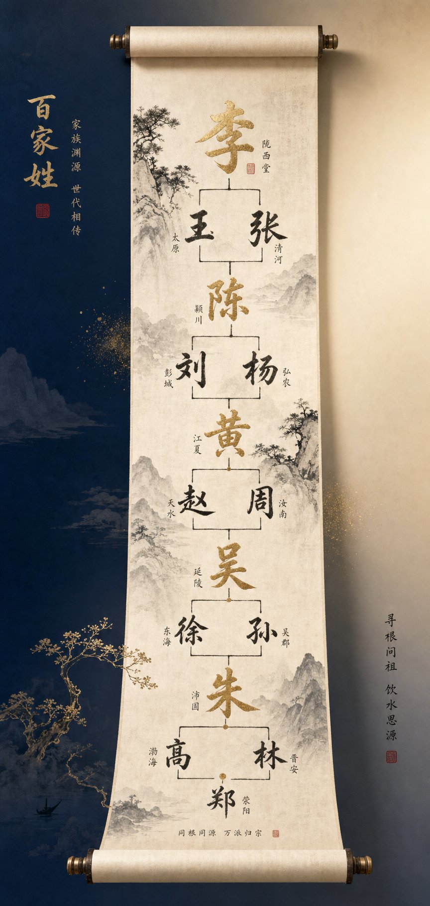 traditional scroll displaying common chinese surnames that form the foundation of name generator databases