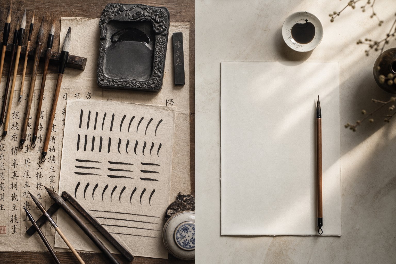 two calligraphy setups representing the structured chinese approach and the minimalist japanese approach to brush practice