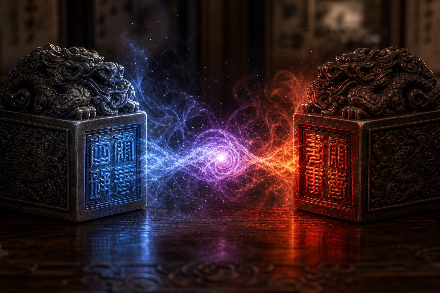 two name seals with elemental energy flowing between them symbolizing zodiac name compatibility analysis