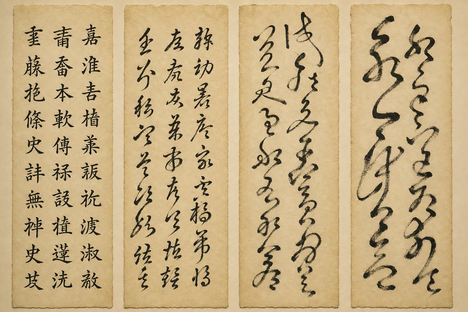visual progression of chinese script styles from structured clerical and regular to fluid running and cursive