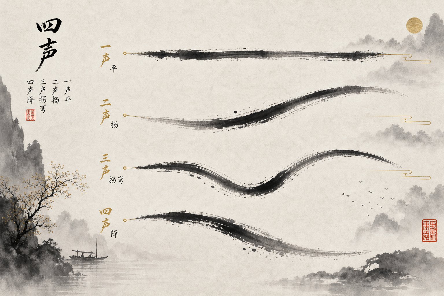 visual representation of mandarin's four tonal contours that determine whether a syllable carries fortune or misfortune
