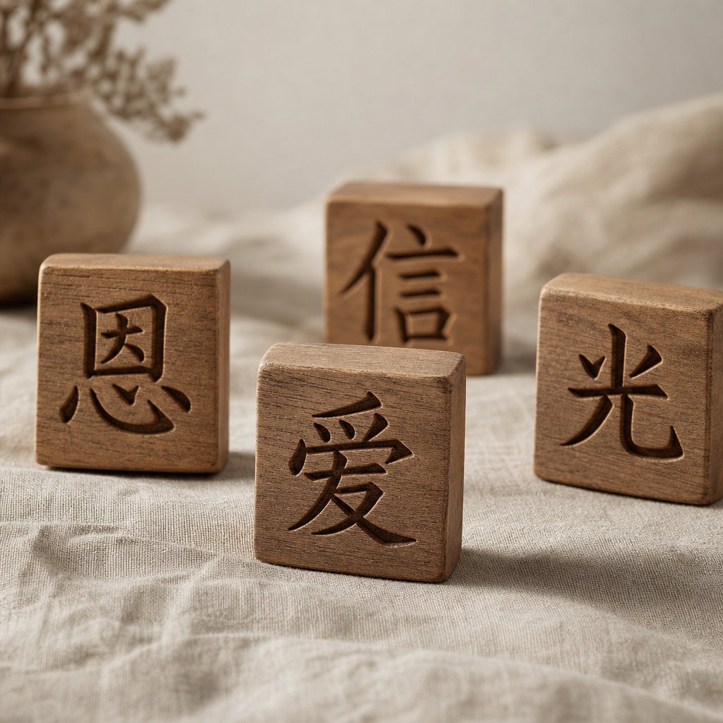 wooden character blocks representing key christian virtues used in chinese naming each stroke carrying spiritual meaning