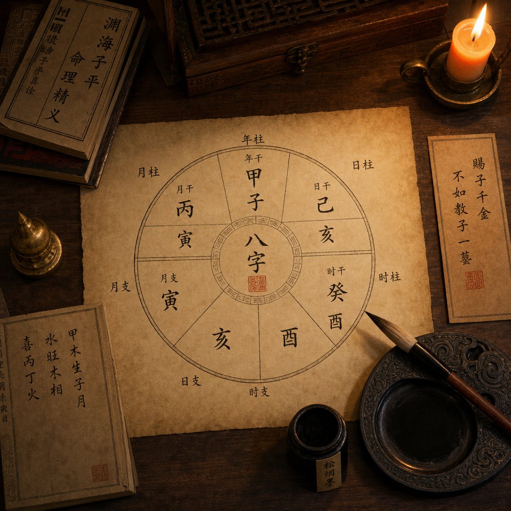 a bazi birth chart layout used by naming consultants to determine a child's elemental personality balance