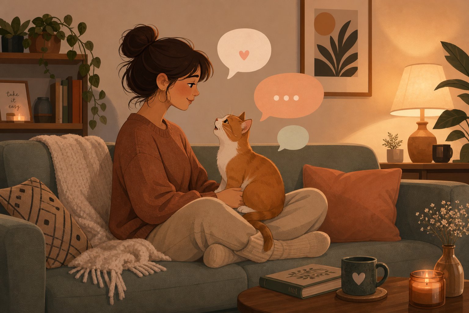 a cat owner practicing pronunciation with their attentive cat illustrating the bond between sound and response