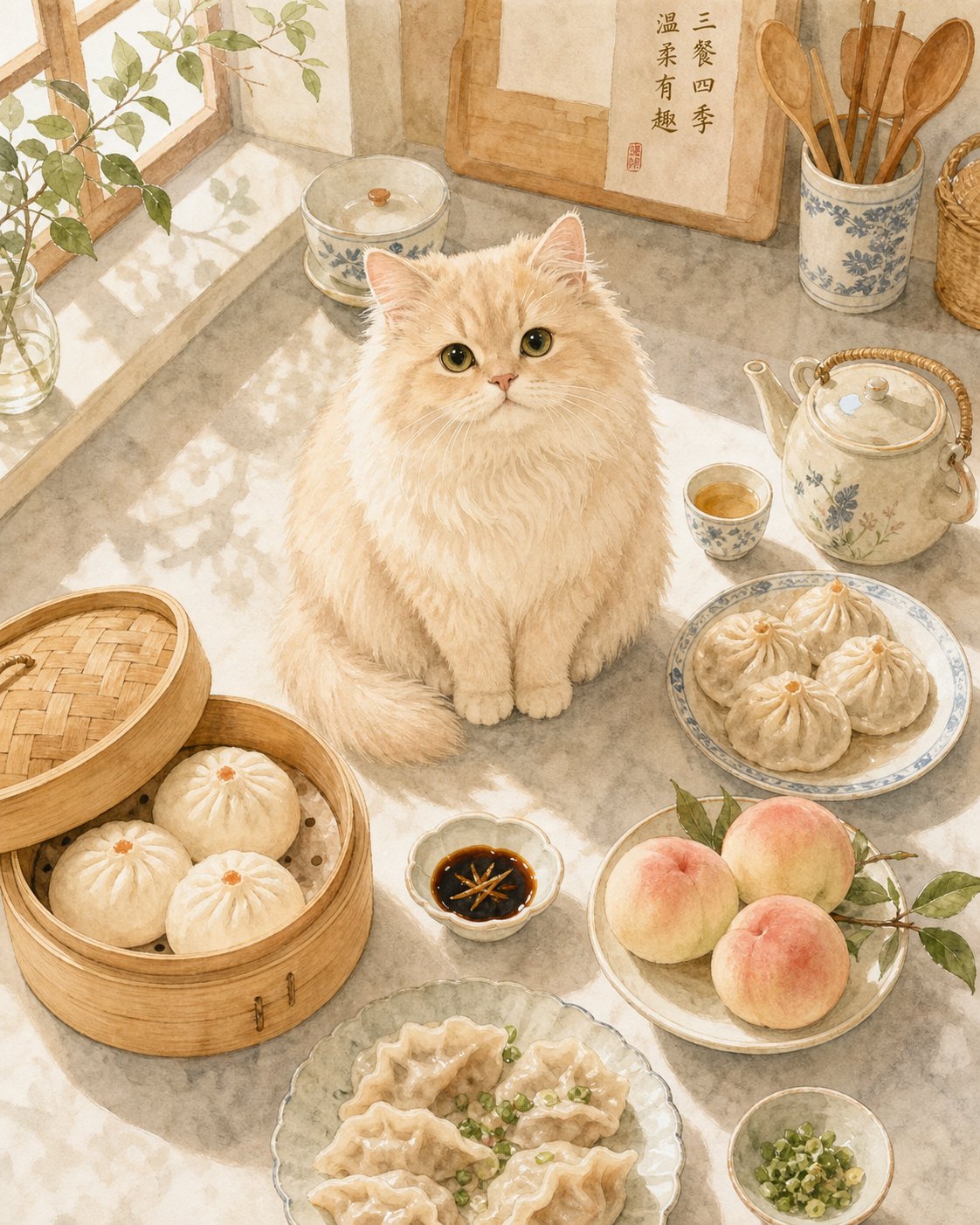 a cat surrounded by traditional chinese foods that inspire popular pet names in china