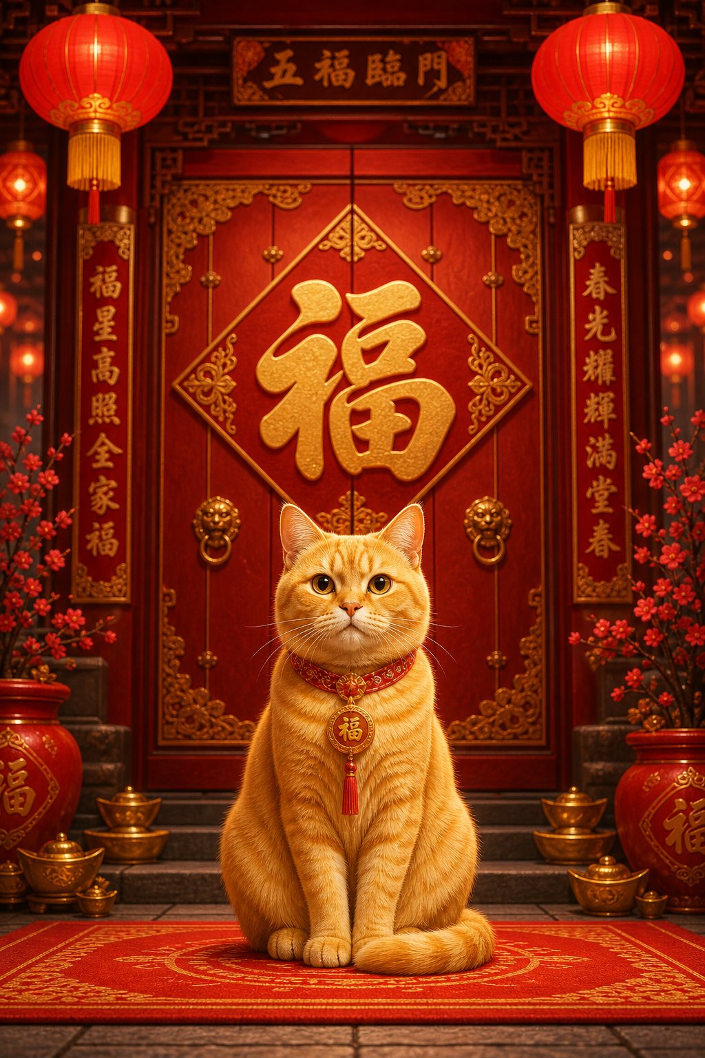 a golden cat framed by traditional chinese symbols of luck and prosperity