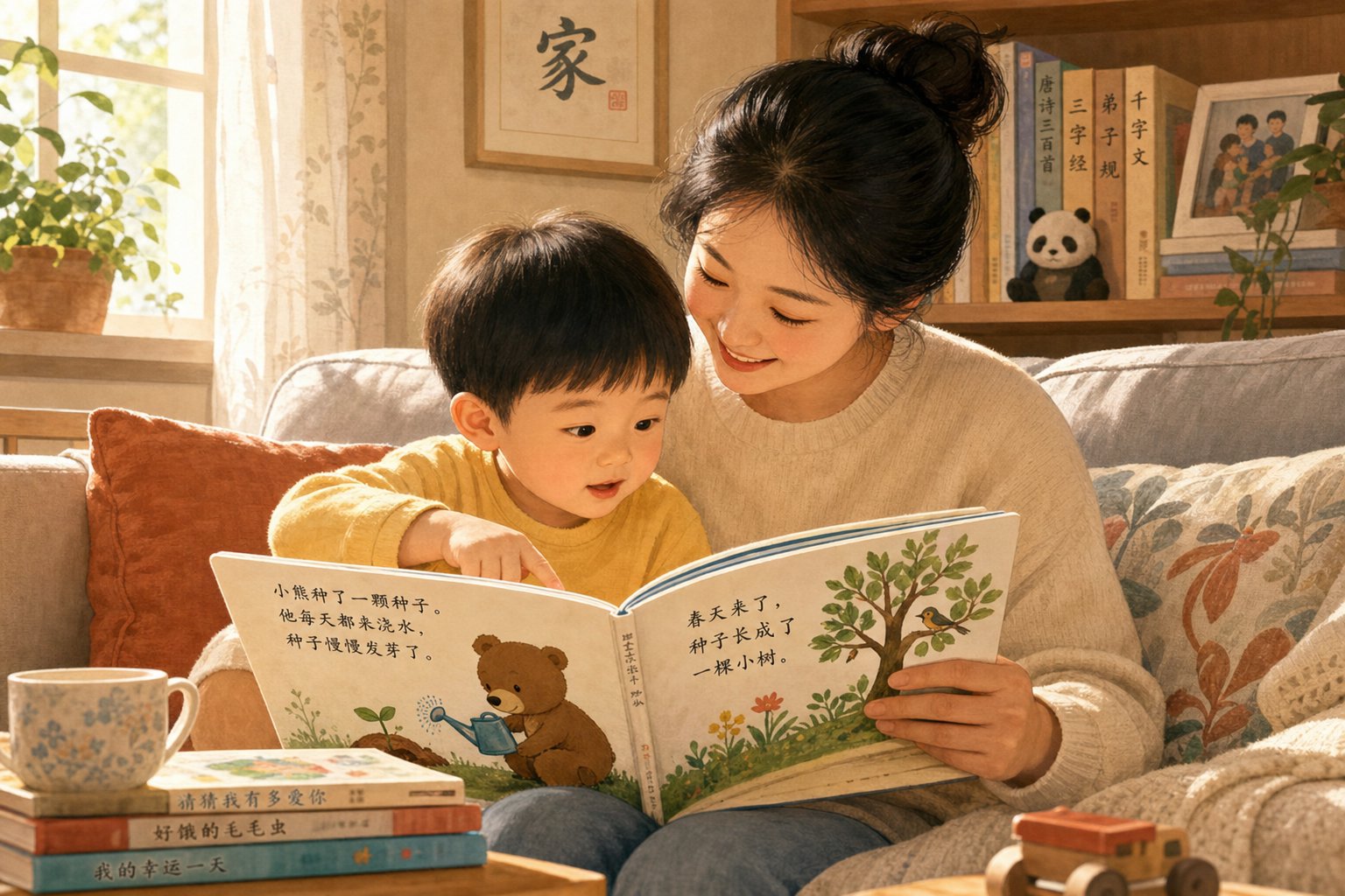 a parent and child sharing a moment of cultural connection through stories about chinese names and heritage