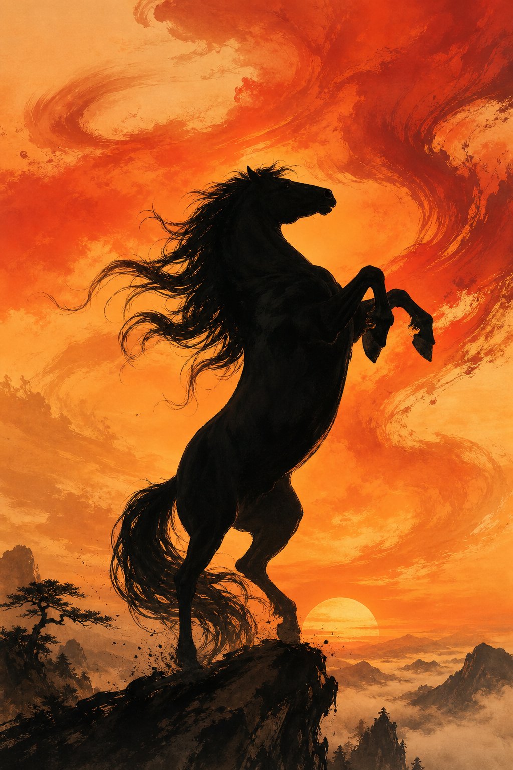 a rearing horse against a fiery sunset representing the nobility strength and ambition encoded in horse year names
